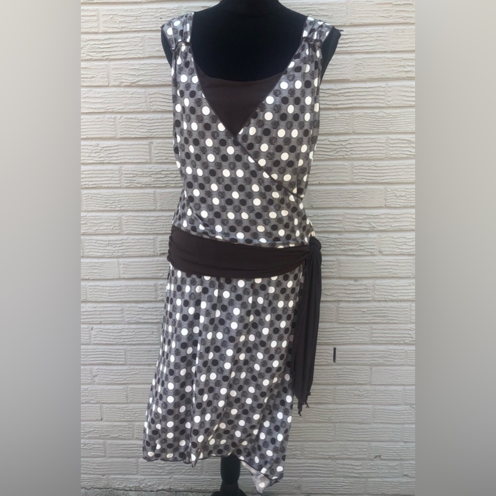 Max Studio 4M12S52 Brown & White Polka Dot Sleeveless Drop Waist Midi Dress L